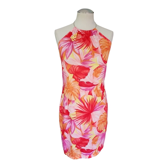 Y2K Rocket Candy Halter Mini Dress L Tropical Floral Metal Collar Pink Orange - Picture 1 of 8